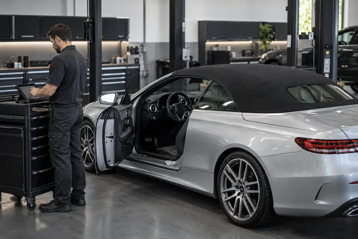 Technician using a diagnostic tablet beside a cabriolet