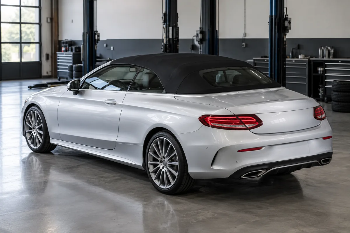 Mercedes convertible with its fabric roof closed