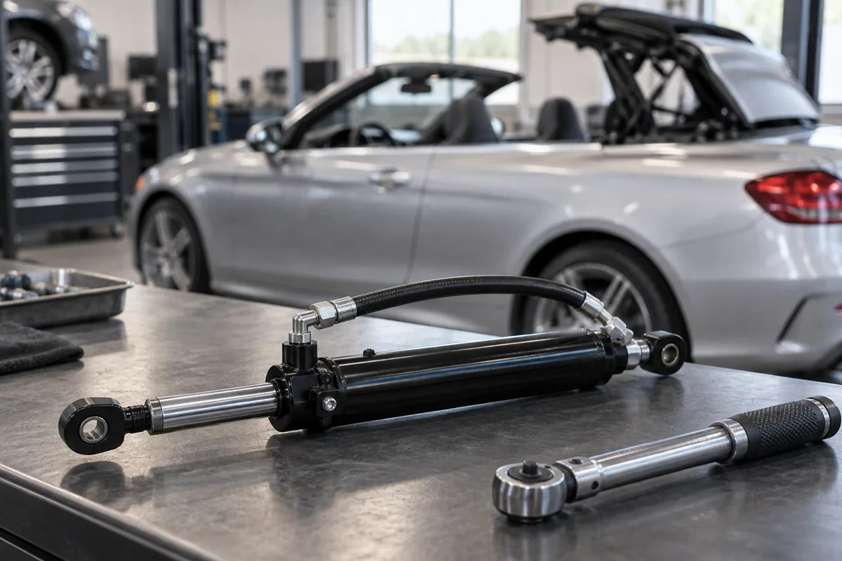 Illustrative hydraulic cylinder and hose on a workshop bench