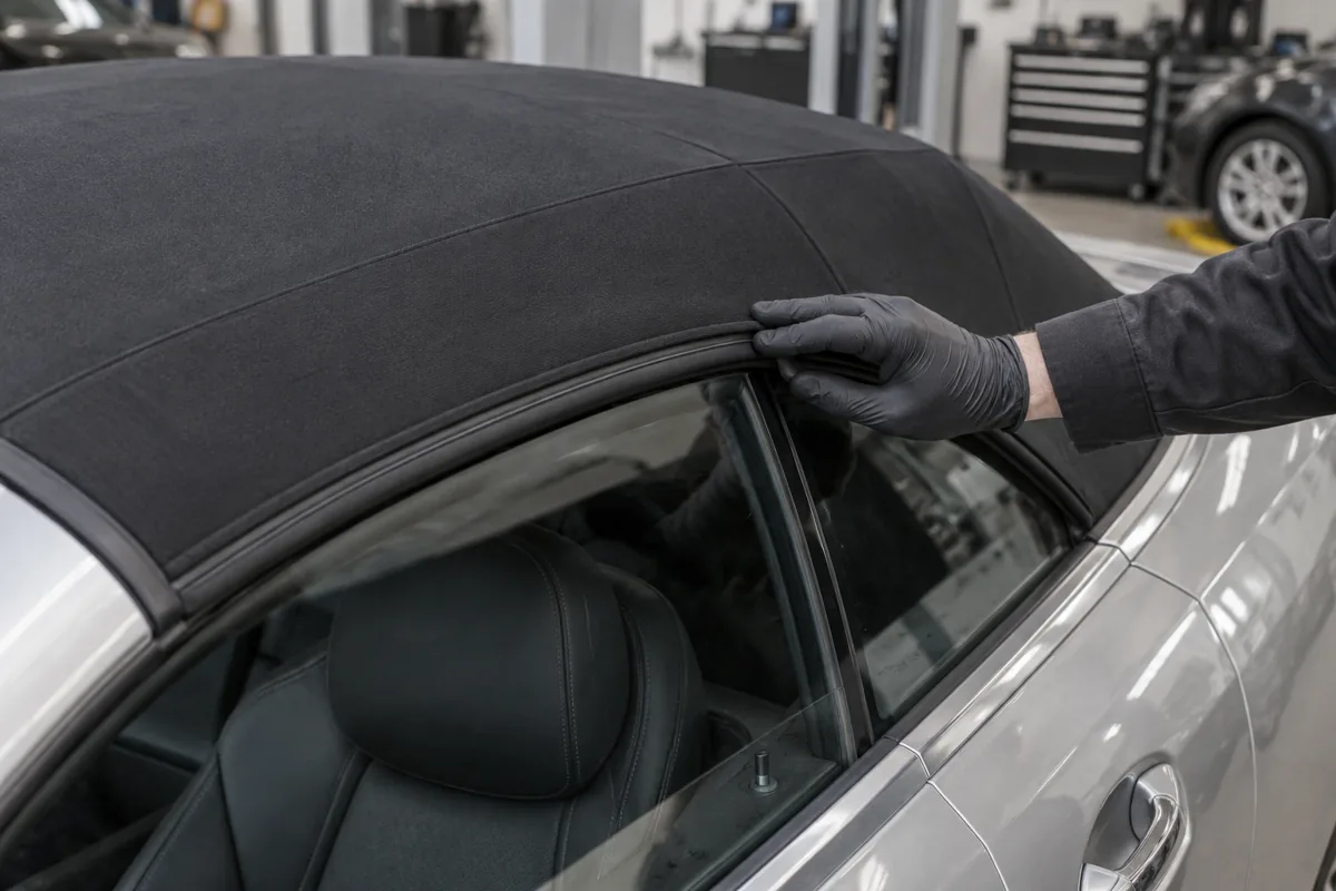 Gloved hand inspecting a convertible roof seal above the side window