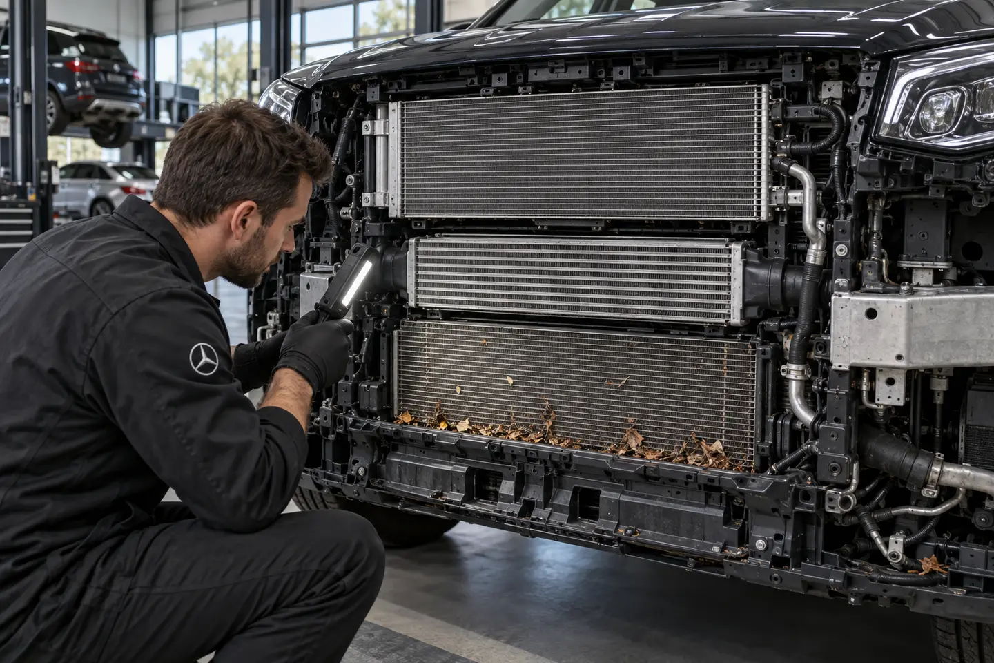 Inspection of the Mercedes radiator condenser and intercooler stack