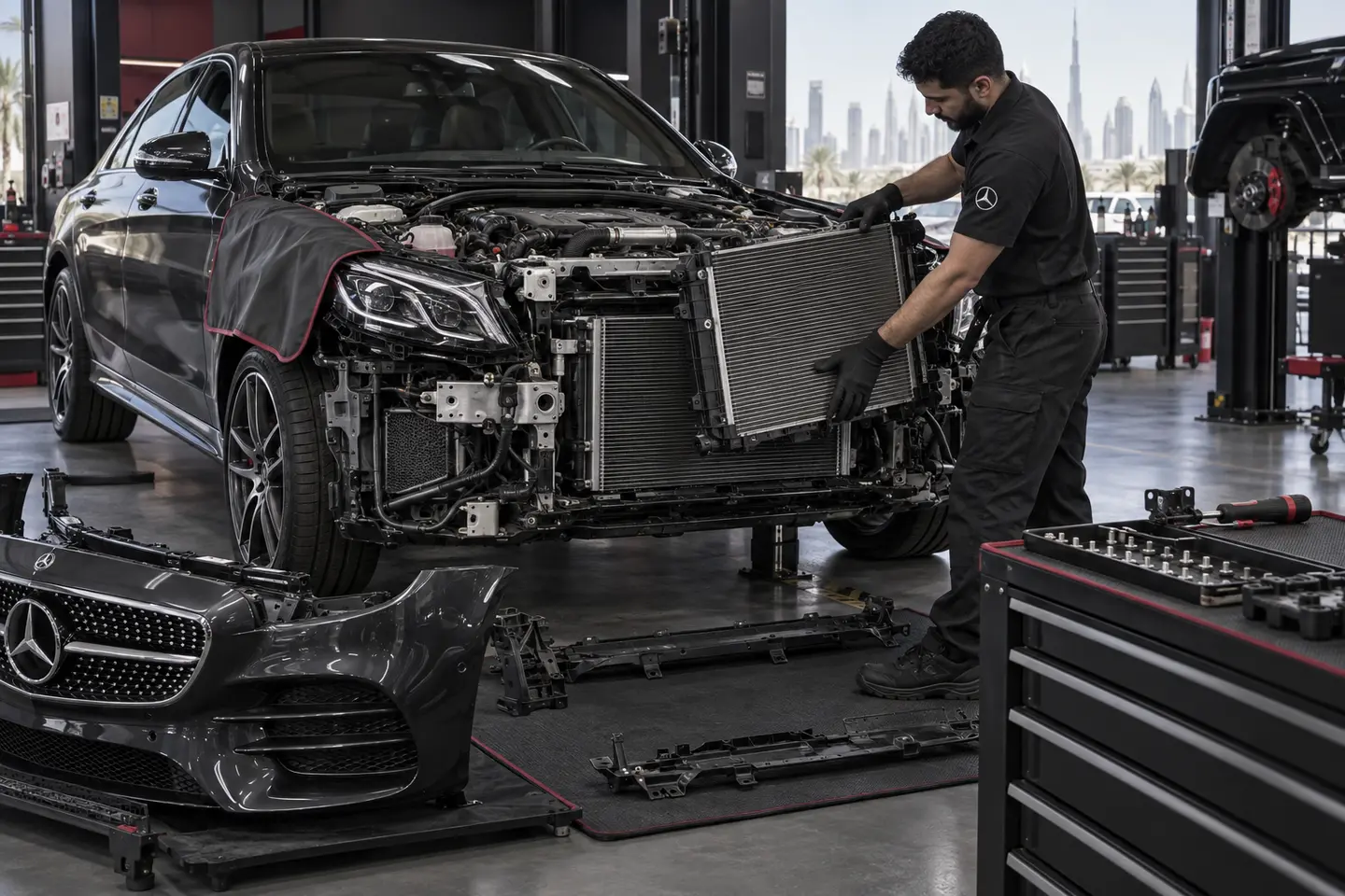 Mercedes radiator replacement with the front cooling pack exposed