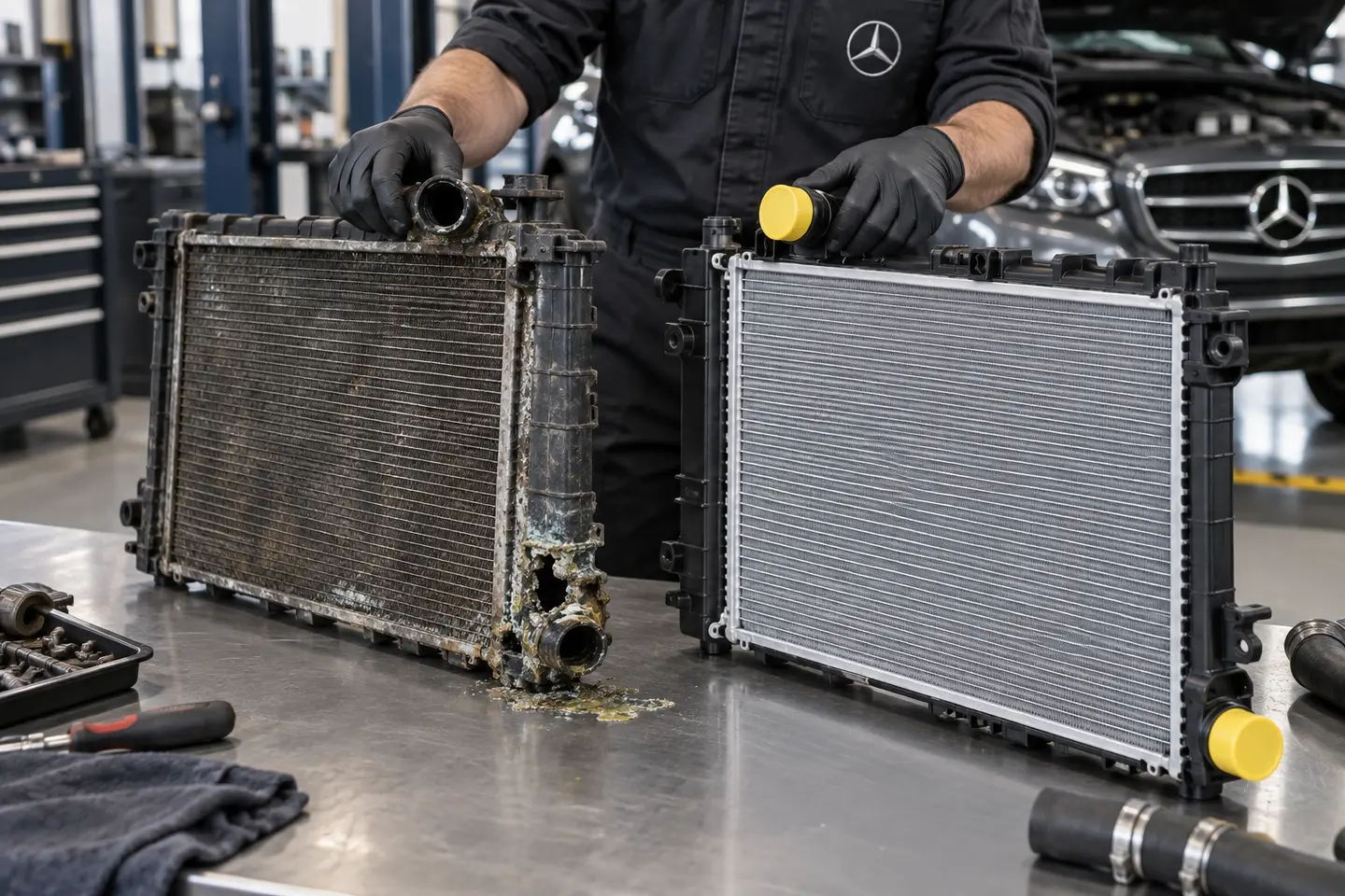 Old leaking and new Mercedes radiators compared on a workbench