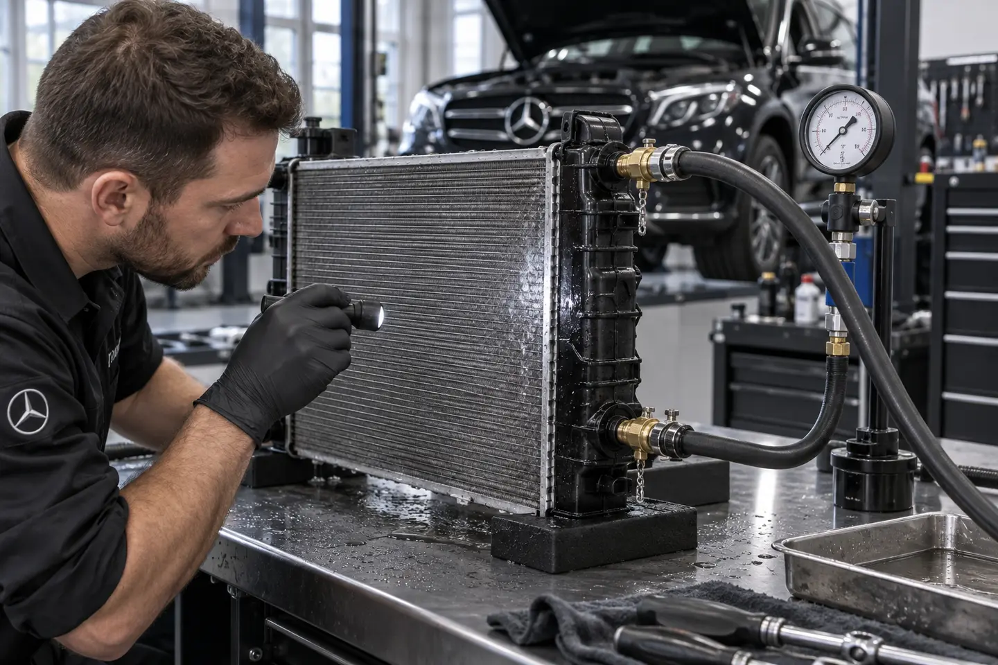 Bench pressure test of a Mercedes radiator