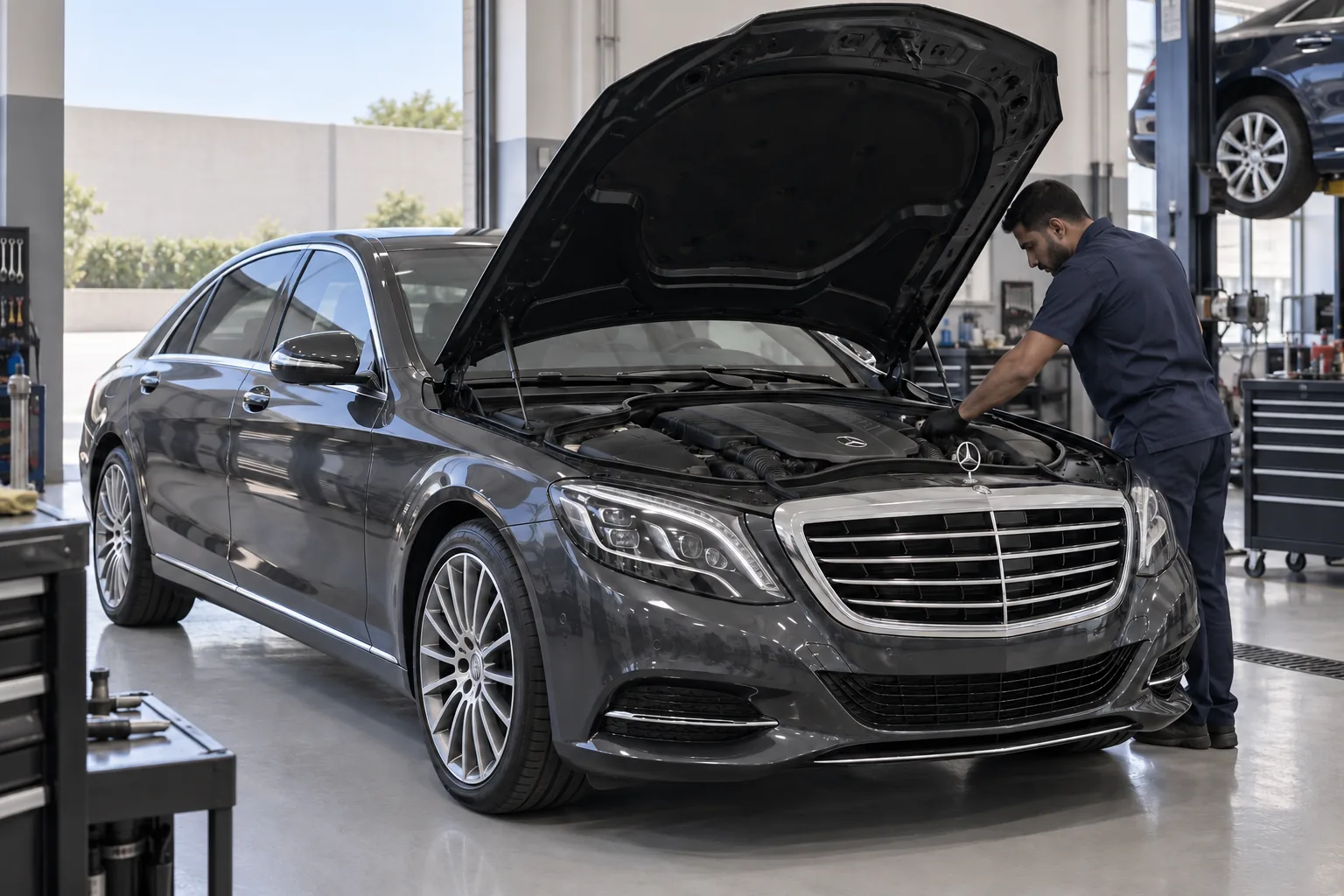 مرسيدس S500 داخل ورشة مستقلة
