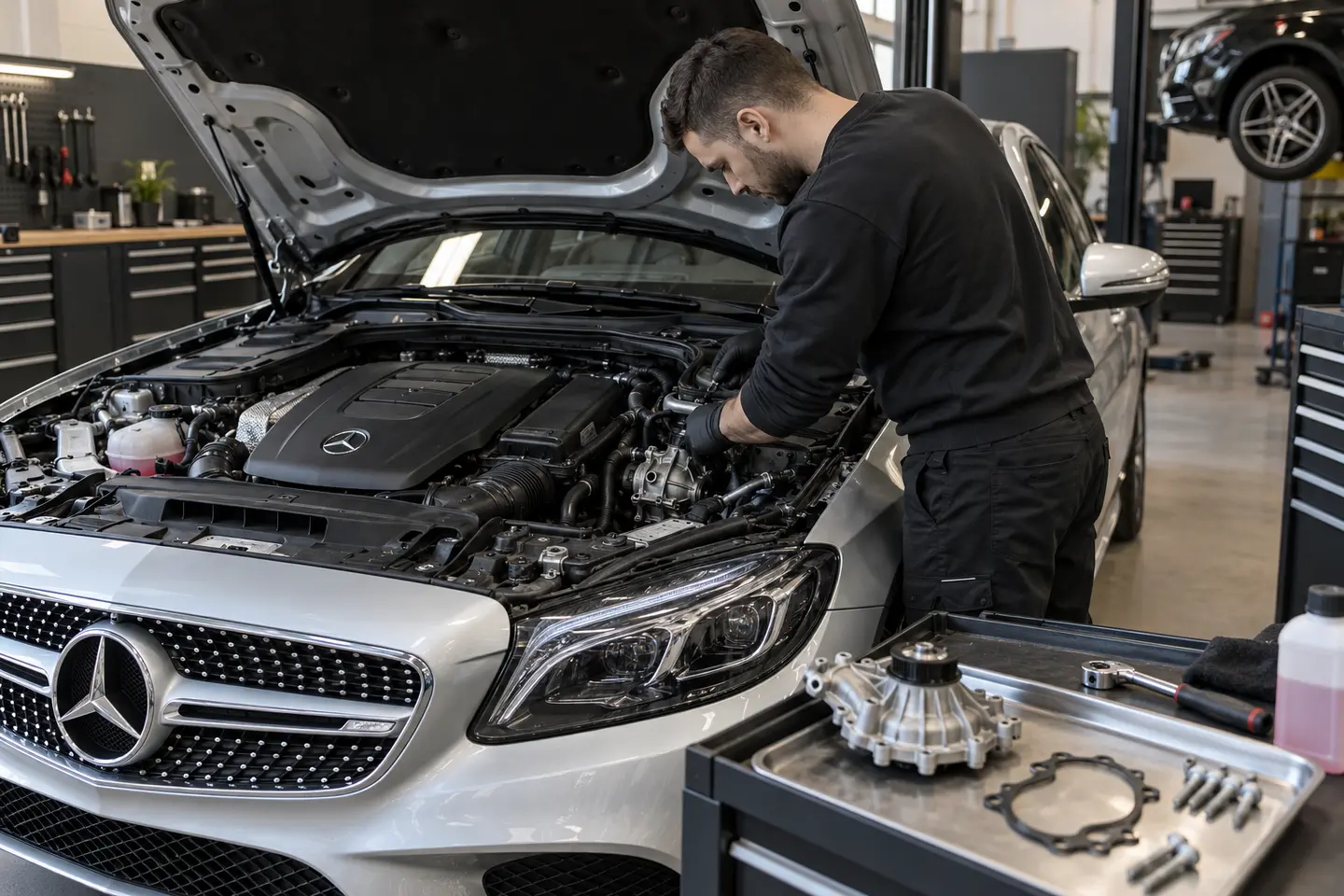 Illustration of Mercedes cooling-system work with a replacement pump
