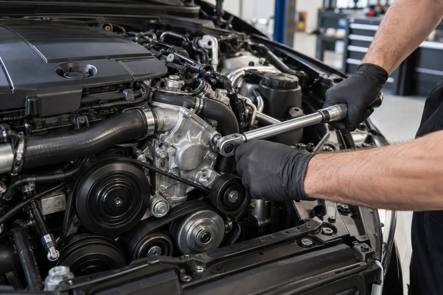 Technician installing a Mercedes engine water pump