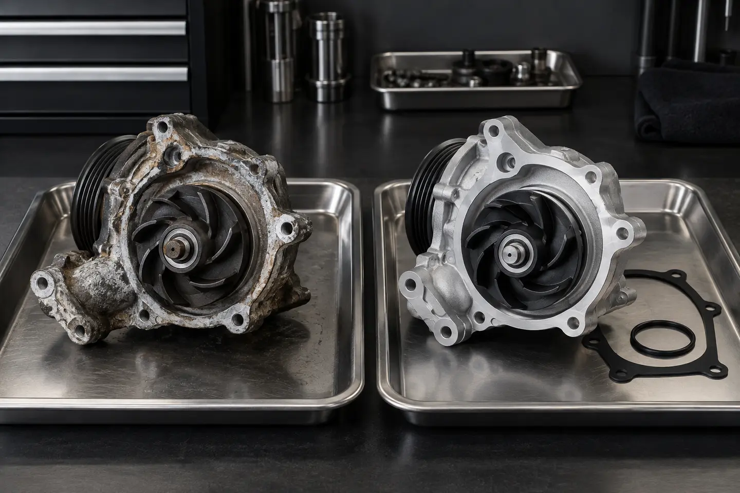 Illustration comparing a worn mechanical water pump with a new pump and seals