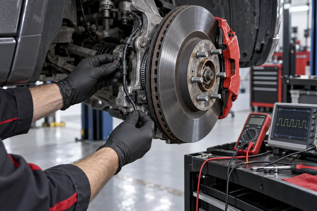 Technician inspecting the wheel-speed sensor cable and hub beside a Mercedes brake rotor
