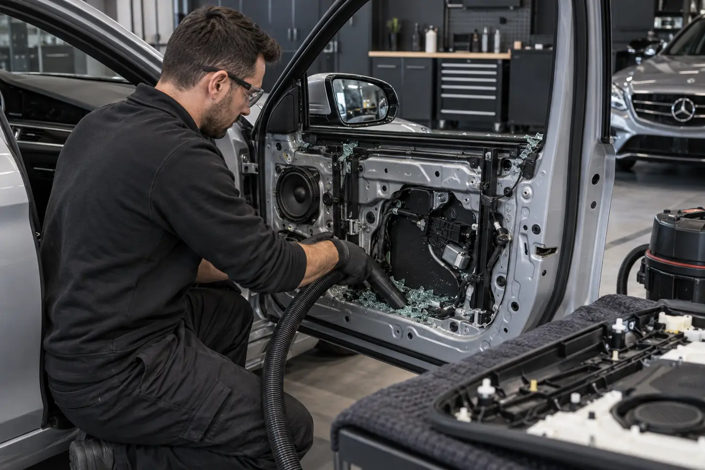 Technician cleaning broken tempered glass from a Mercedes door