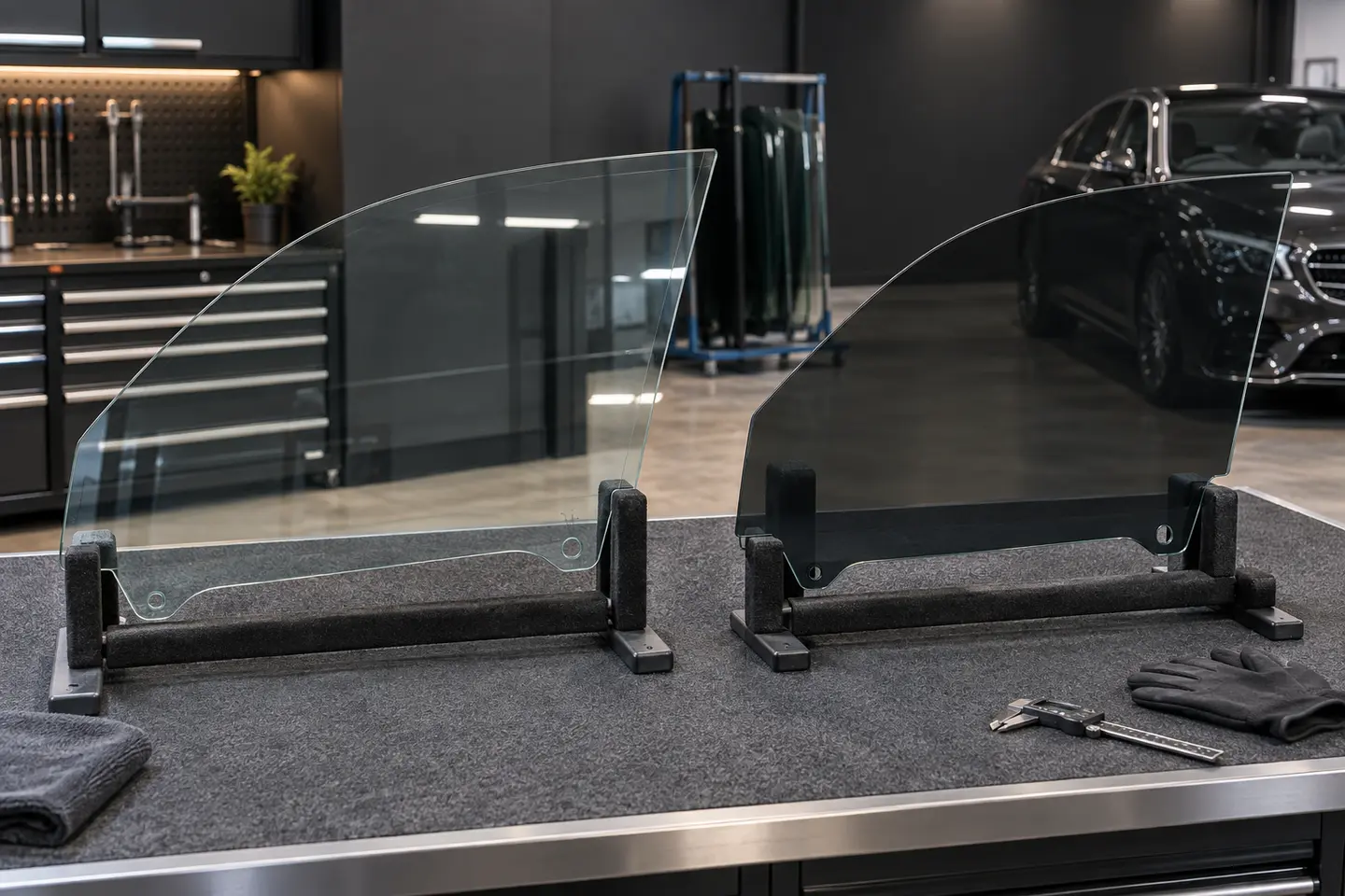 Replacement side glass options prepared for a Mercedes
