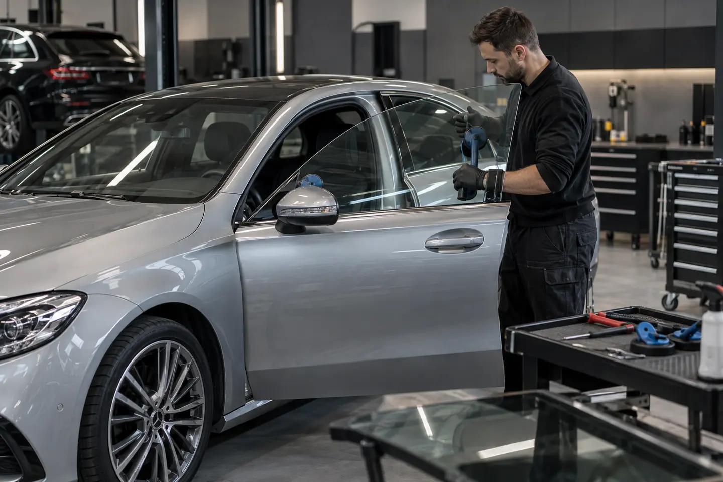 Mercedes side window replacement in a specialist Dubai workshop